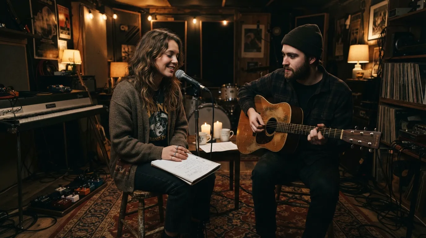 Two co-writers working on a song together with a guitar, microphone and notebook